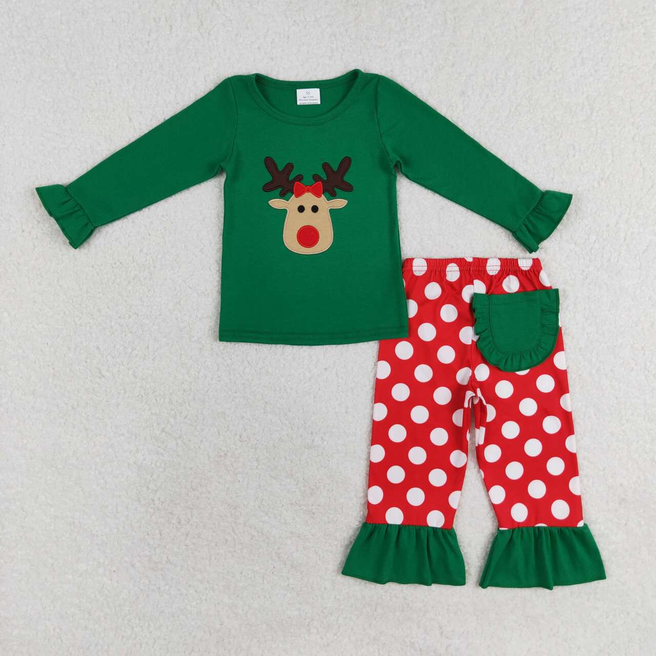 GLP1301 Embroidered Reindeer Green Lace Long Sleeve Red Striped Pants Pajama Set