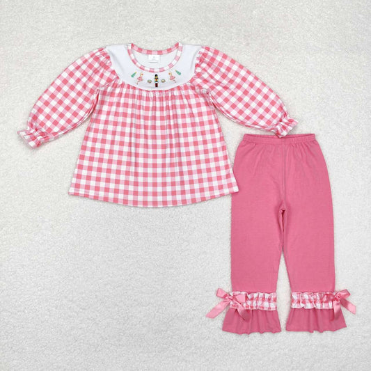 GLP1306 Embroidered Christmas Nutcracker Pink Plaid Long Sleeve Pants Set