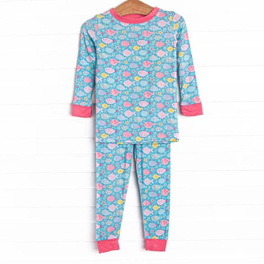 presale GLP1307 Flower and fish blue long-sleeved trousers pajamas set