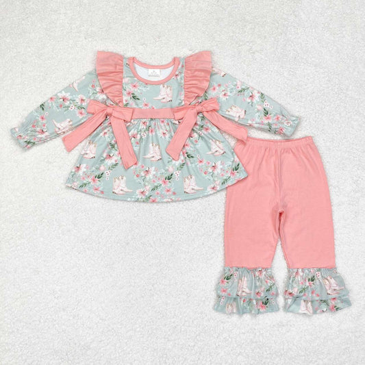 GLP1309 Flower Pink Lace Bow Green Long Sleeve Pants Set