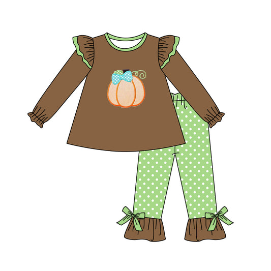 presale GLP1310 Bowknot Pumpkin Brown Lace Polka Dot Green Trousers Set