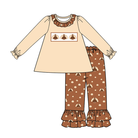 presale GLP1312 Turkey Pumpkin Brown Lace Long Sleeve Pants Set