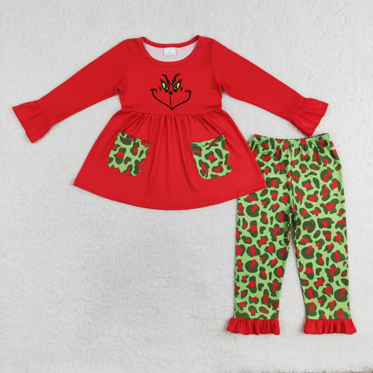 GLP1322 Red lace pocket red and green leopard print long sleeve trousers suit