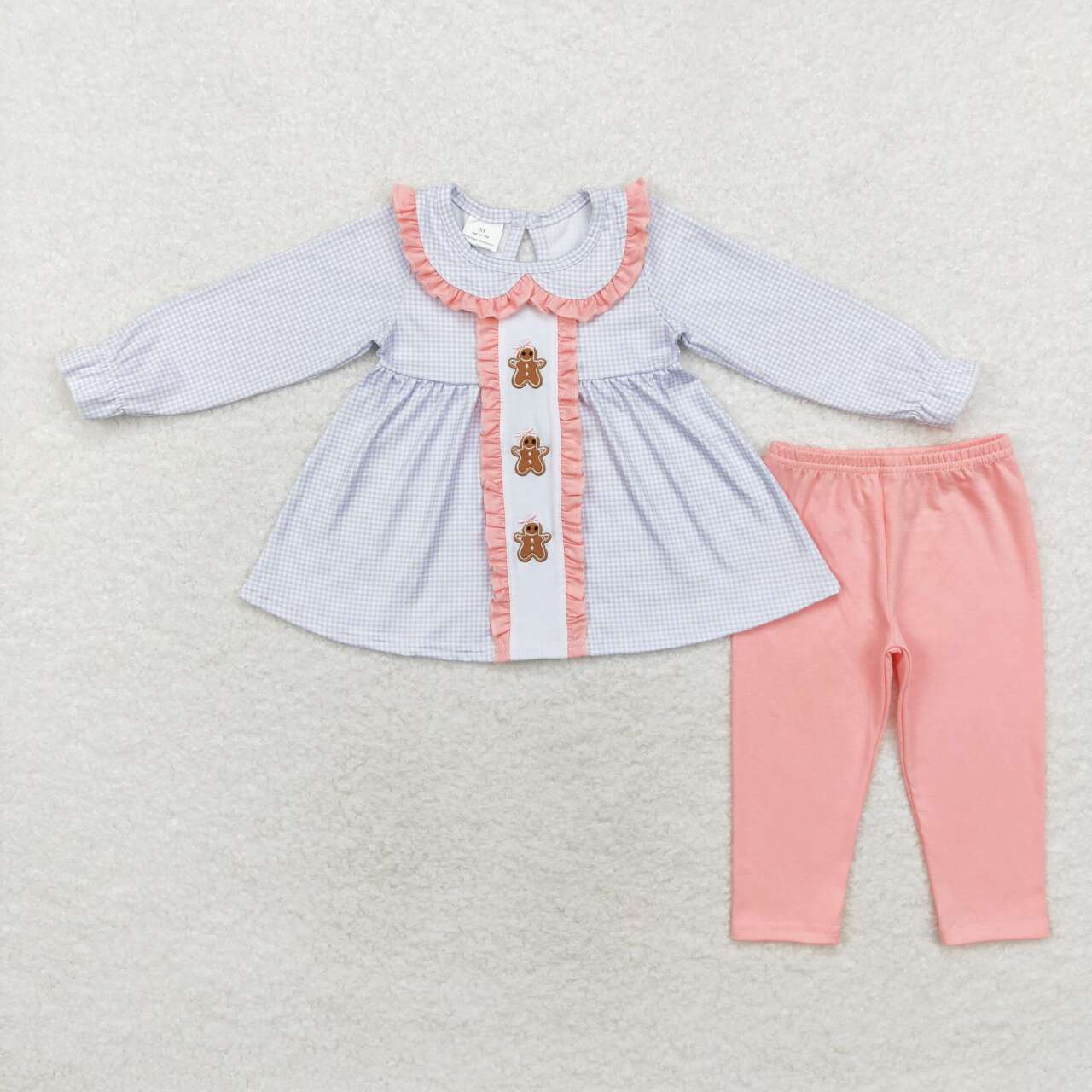 GLP1330 Gingerbread Man Pink Lace Doll Collar Blue Plaid Long Sleeve Pants Suit