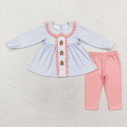 GLP1330 Gingerbread Man Pink Lace Doll Collar Blue Plaid Long Sleeve Pants Suit