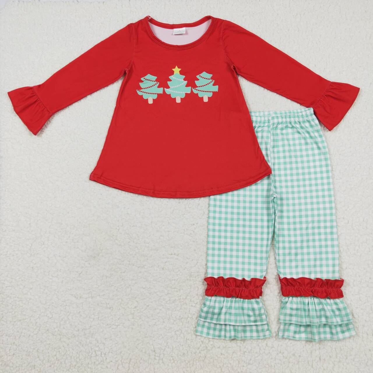 GLP1331 Christmas Tree Red Long Sleeve Green Plaid Lace Pants Suit