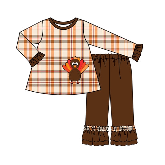 presale GLP1333 Turkey Plaid Long Sleeve Lace Brown Trousers Set