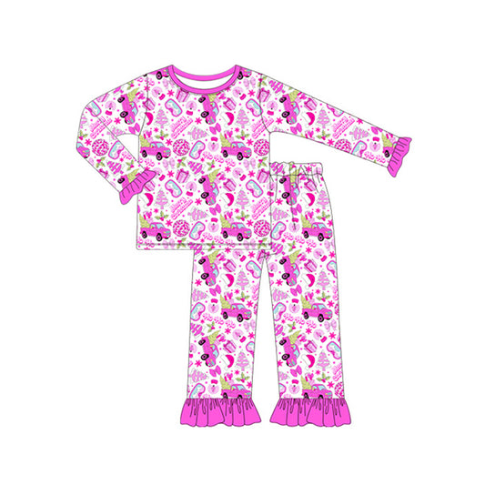 presale GLP1334 Christmas Tree Truck Rose Red Lace Long Sleeve Long Pants Pajama Set