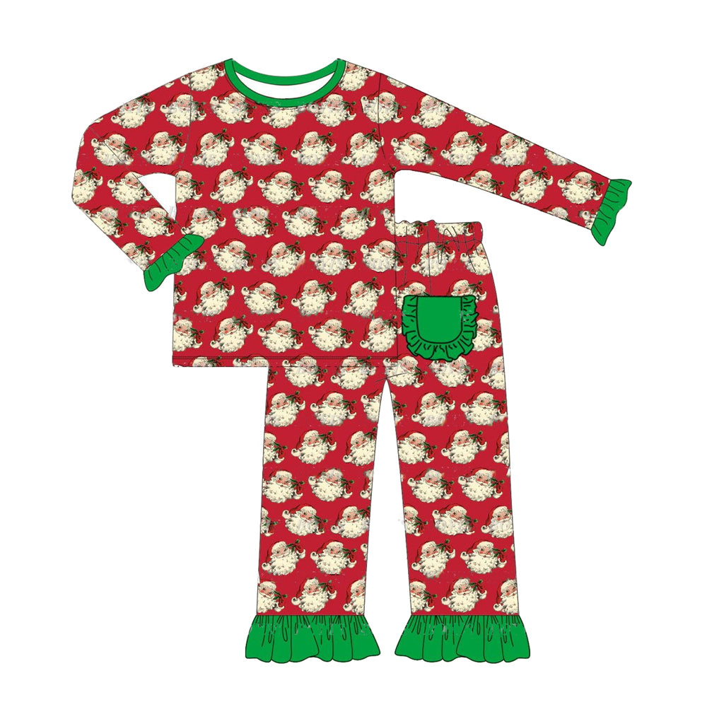 presale  GLP1340 Santa Claus Red and Green Lace Long Sleeve Long Pants Pajama Set