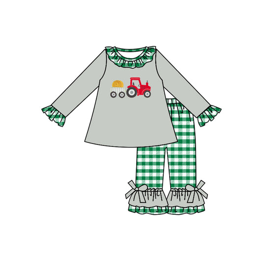 presale GLP1346 Red Tractor Grey Long Sleeve Green Plaid Lace Trousers Set