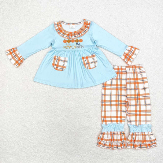 GLP1349 pumpkin patch pumpkin orange plaid pocket lace blue long-sleeved trousers suit