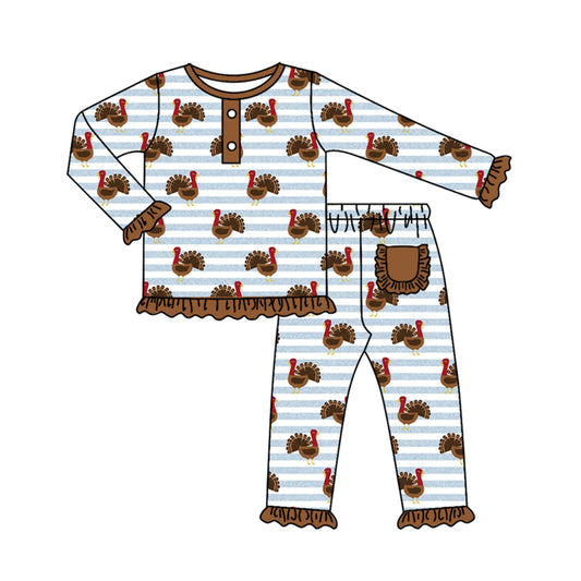 presale GLP1350 Turkey Stripe Brown Lace Pocket Long Sleeve Long Pants Pajama Set