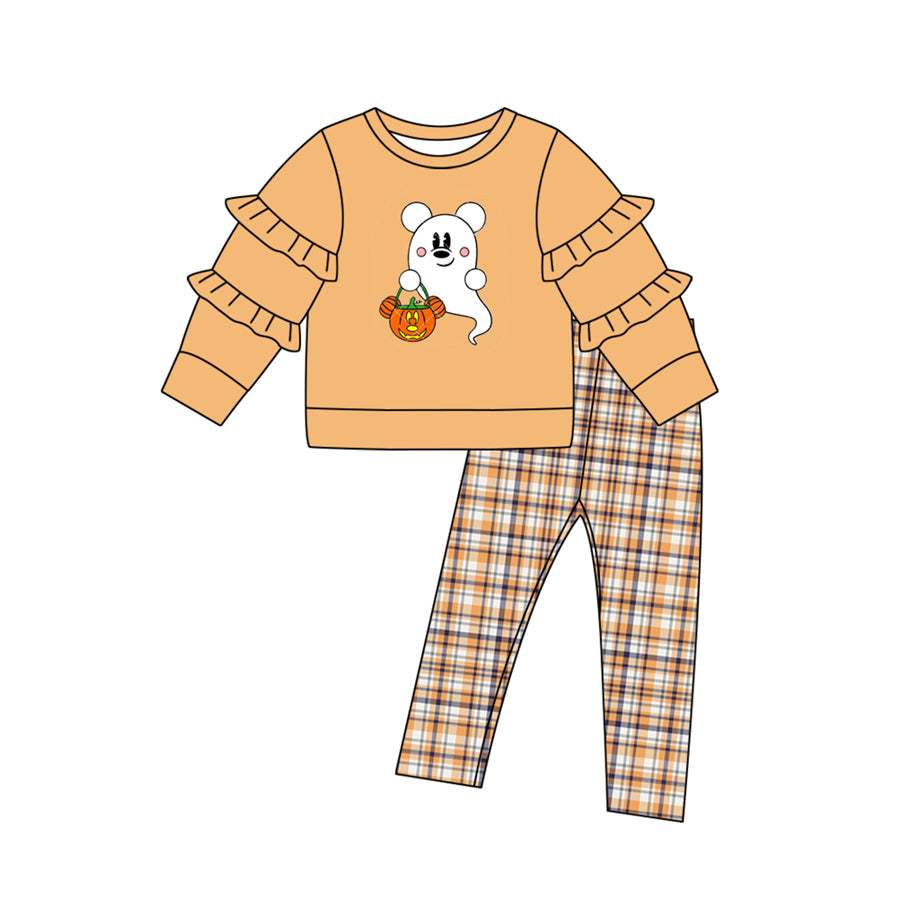 presale GLP1351 Ghost Pumpkin Orange Lace Long Sleeve Plaid Pants Set