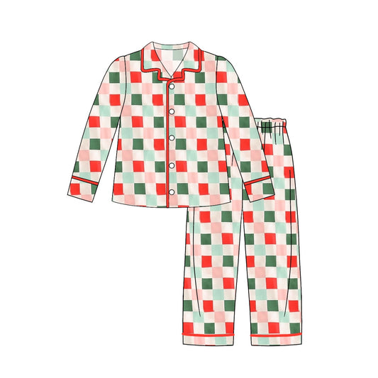 presale GLP1353 Adult women Christmas colorful plaid long sleeve long pants pajamas set
