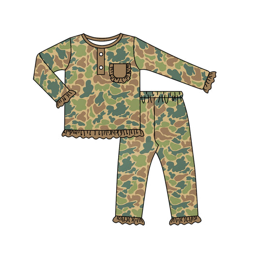 presale GLP1354 Brown and Green Camouflage Lace Pocket Long Sleeve Pajama Set