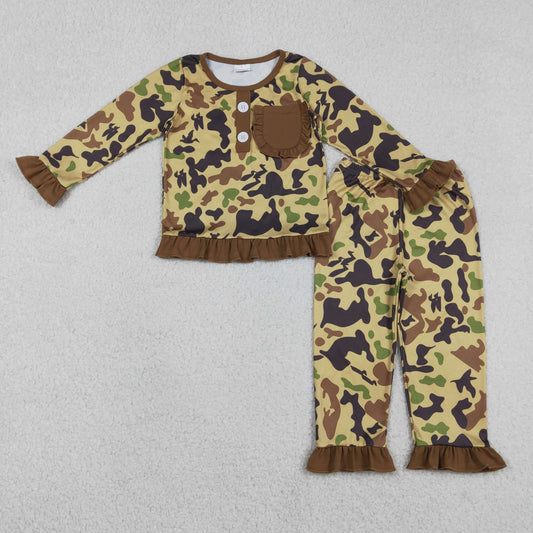 Baby Girls Brown Camo Pajamas Set with Ruffle Pants And Button Top Cute Pocket Design for Little Ones