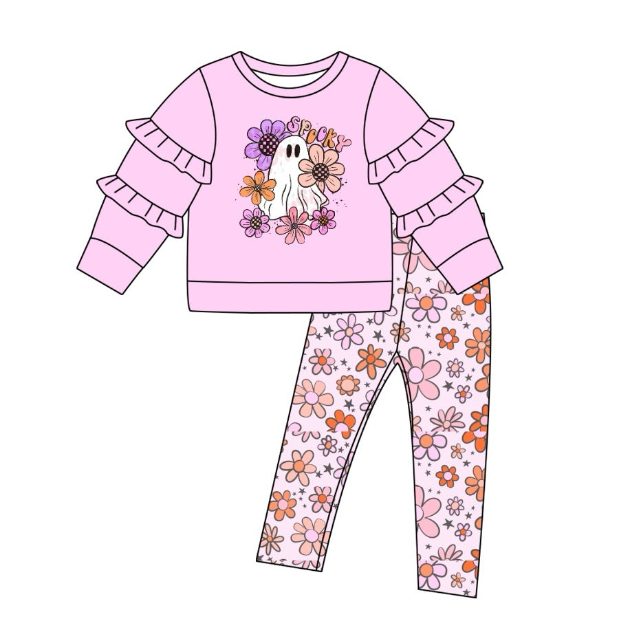 presale GLP1364  Halloween Ghost Flower Purple Lace Long Sleeve Pants Set