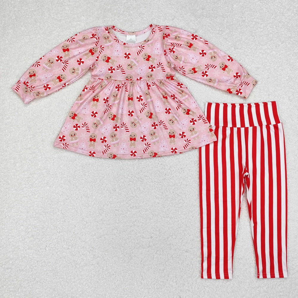 GLP1366 Gingerbread Candy Cane Long Sleeve Red Striped Pants Set