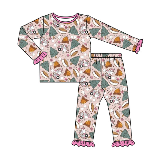 presale GLP1367 Christmas Tree Fireplace Pink Lace Long Sleeve Long Pants Pajama Set