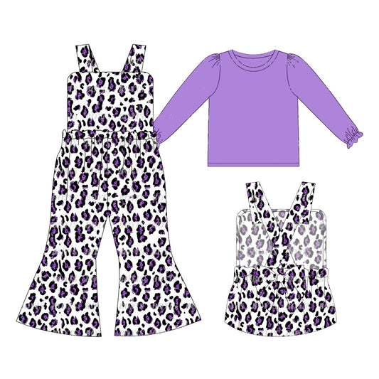 presale GLP1373 Baby Girls Purple Top Leopard Jumpsuits 2pcs Clothes Sets