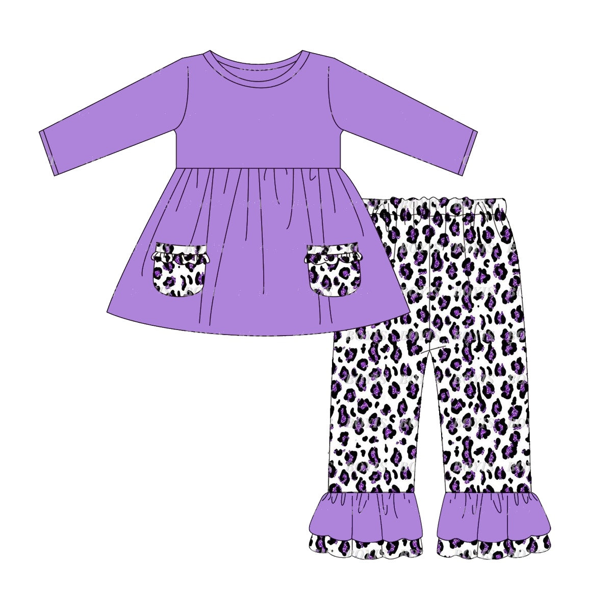 presale GLP1374 Purple Leopard Print Pocket Long Sleeve Pants Set