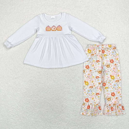 GLP1378 White long-sleeved floral trouser suit with pumpkin and bow