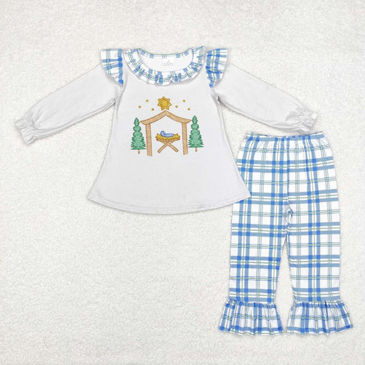 GLP1381 Christmas Tree Jesus Light Grey Long Sleeve Blue Plaid Lace Pants Suit