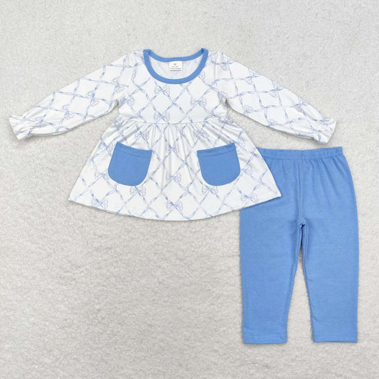 GLP1383 White long-sleeved trousers suit with blue pockets and bow pattern