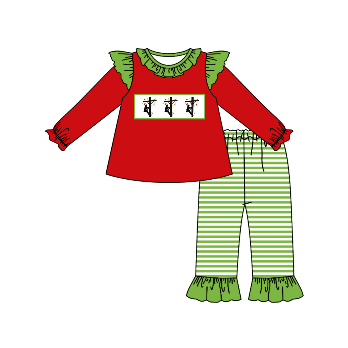 GLP1385 Christmas Electric Wire Repair Worker Green Lace Red Long Sleeve Striped Pants Suit