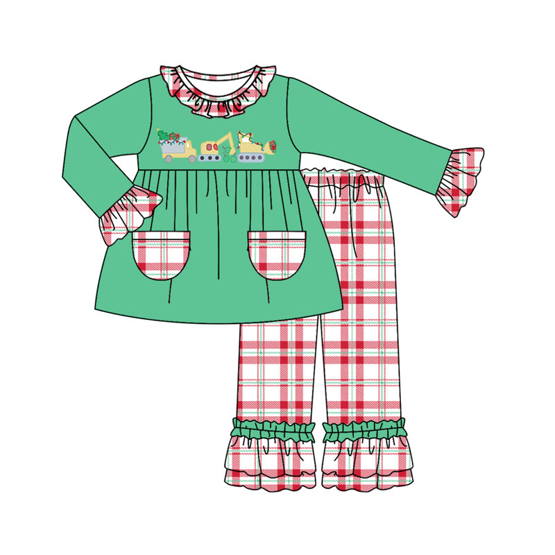 presale GLP1386 Christmas Tree Truck Construction Truck Red Plaid Pocket Lace Green Long Sleeve Pants Suit