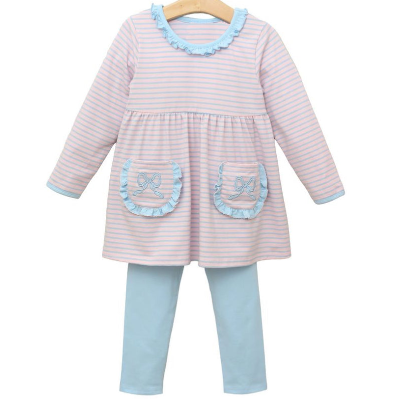 presale GLP1389 Blue striped lace bow pattern pocket pink long sleeve trousers set