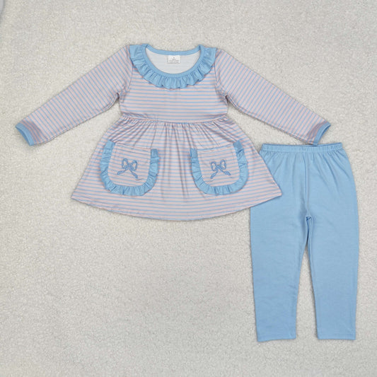 GLP1389 Blue striped lace bow pattern pocket pink long sleeve trousers set
