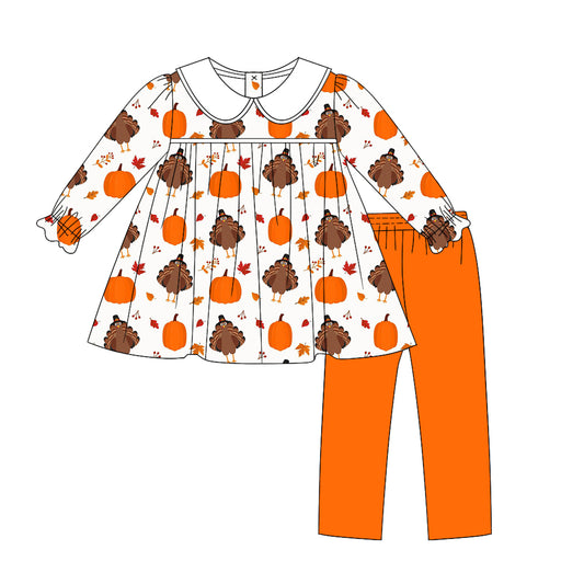 presale GLP1390 Pumpkin Turkey Leaf Doll Collar Long Sleeve Orange Pants Suit