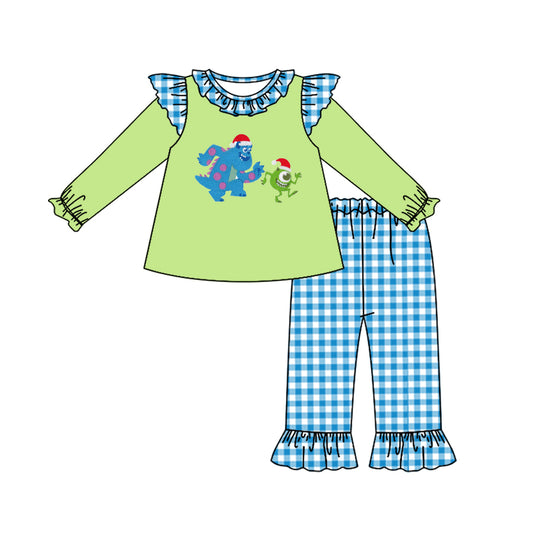presale GLP1394 Christmas Cartoon Blue Plaid Lace Green Long Sleeve Pants Suit