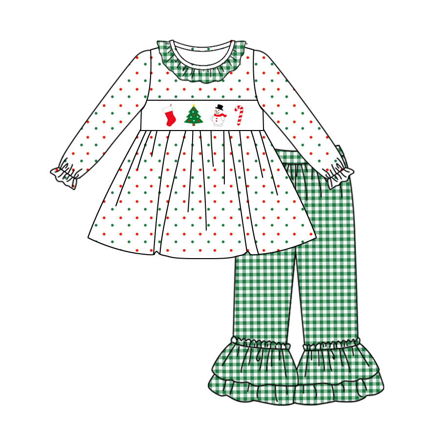 GLP1395 Christmas Tree Snowman Cane Polka Dot Green Plaid Lace White Long Sleeve Pants Set