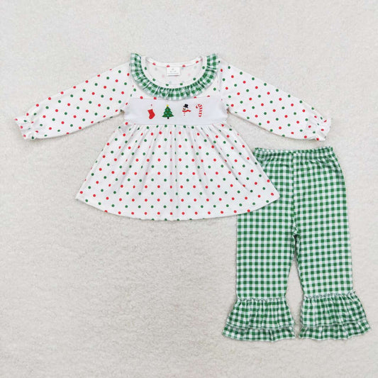 GLP1395 Christmas Tree Snowman Cane Polka Dot Green Plaid Lace White Long Sleeve Pants Set