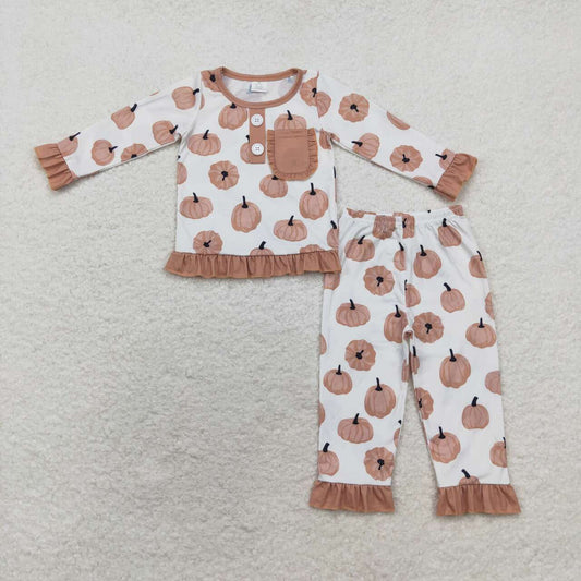 GLP1402 Bamboo Pumpkin Brown Lace Pocket Long Sleeve Long Pants Pajama Set