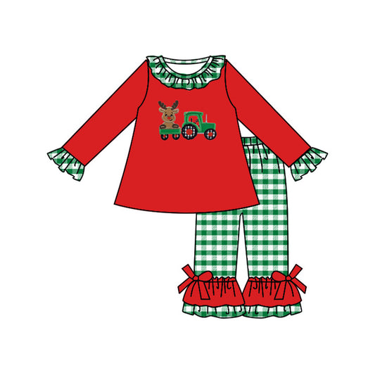 presale GLP1404 Christmas Reindeer Truck Green Plaid Red Long Sleeve Pants Suit