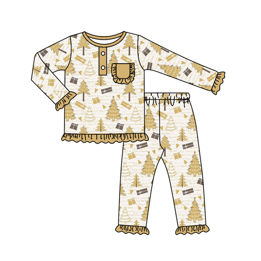 presale GLP1407 Christmas Tree Letters Gold Lace Pocket Long Sleeve Long Pants Pajama Set