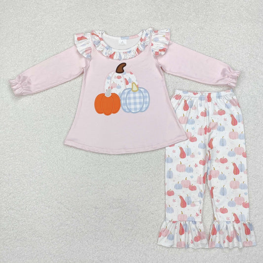 GLP1409 Plaid Pumpkin Lace Pink Long Sleeve Pants Set