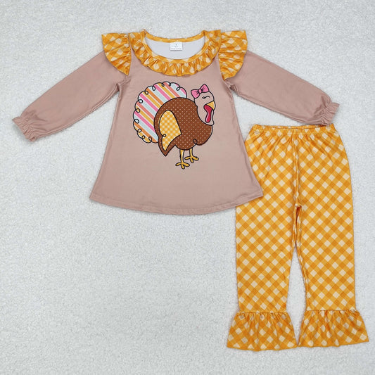 GLP1410 Colorful Striped Turkey Orange Plaid Brown Long Sleeve Pants Set