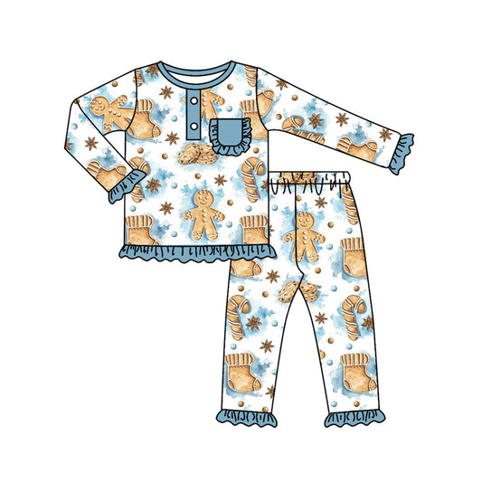 presale GLP1413 Gingerbread Man Cookie Lace Pocket Blue and White Long Sleeve Long Pants Pajama Set