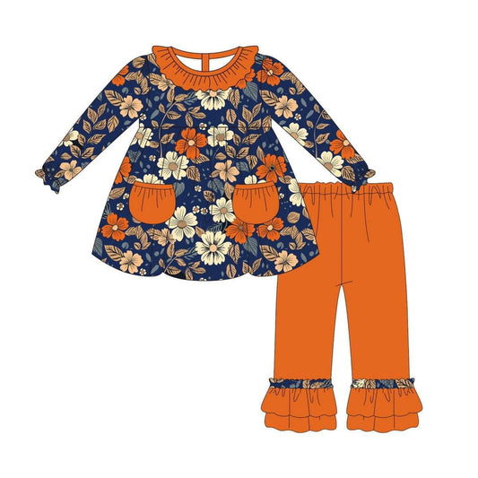 presale GLP1416 Flower Orange Lace Pocket Navy Blue Long Sleeve Pants Set