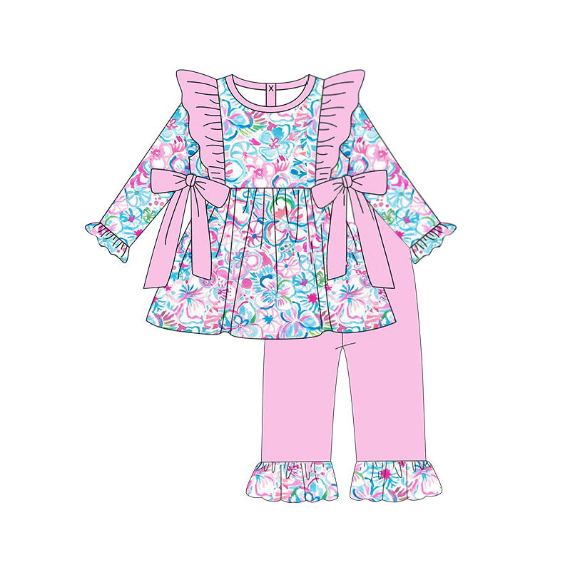 presale GLP1428 Flower Pink Lace Bow Long Sleeve Pants Set