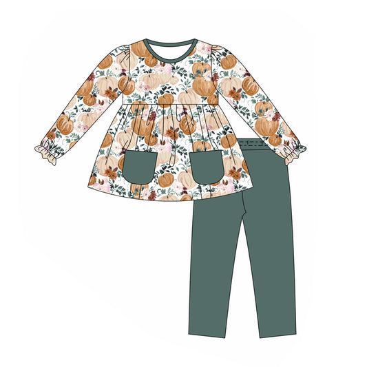 presale GLP1432 Pumpkin Blossom Green Pocket White Long Sleeve Pants Set