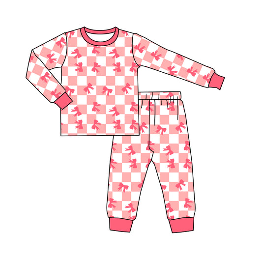 presale GLP1433 Bow pattern plaid pink and white long-sleeved long pants pajama set