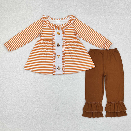 GLP1435 Leaf Hat Cake Turkey Orange Stripe Lace Long Sleeve Brown Pants Suit