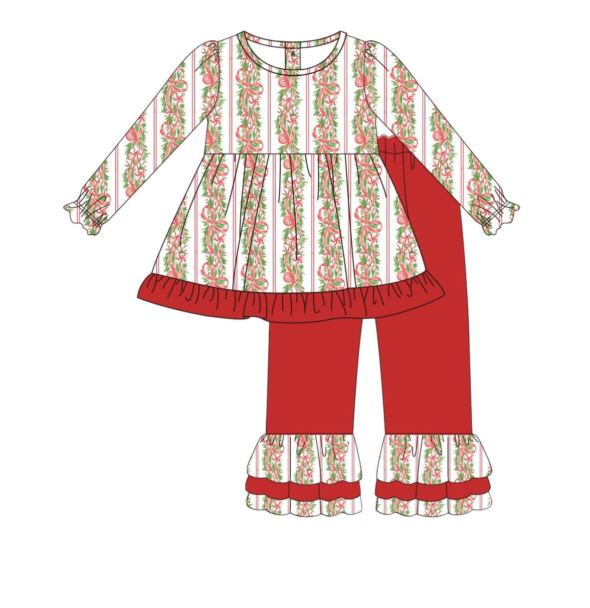 presale GLP1437 Christmas Bow Pattern Red Lace Long Sleeve Pants Set