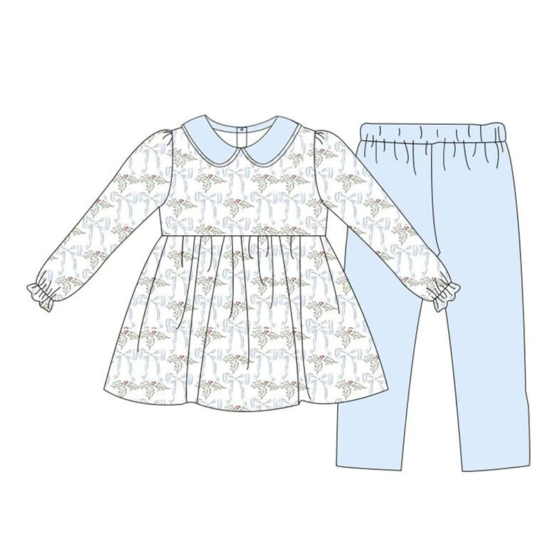 presale GLP1446 Christmas leaf bow pattern doll collar blue and white long sleeve trousers suit