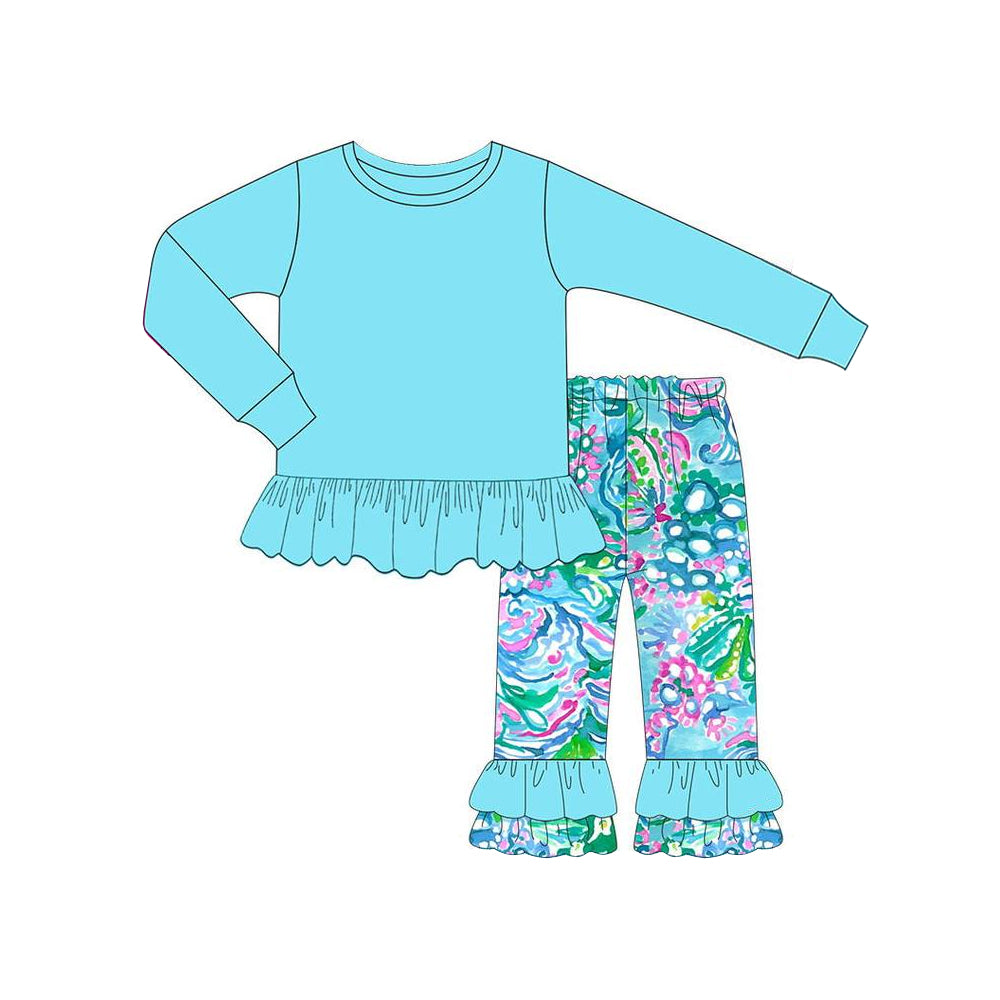 GLP1458 Solid Sky Blue Long Sleeve Seagrass Pants Set